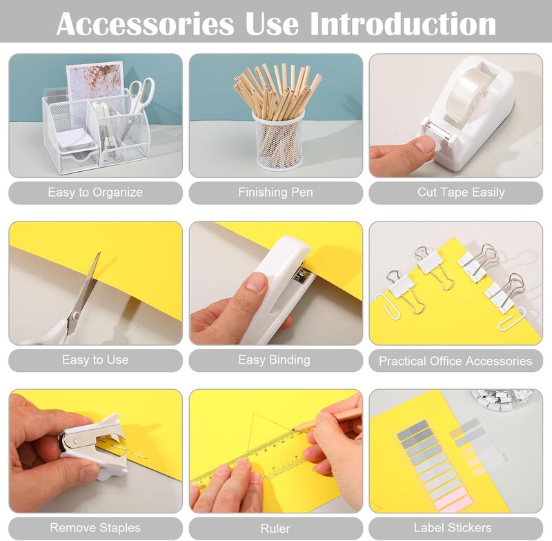 AuraRay 11 in 1 Desk Organizers and Accessories - White Office Supplies - Includes White Stapler, Tape Dispenser, Pen Holder, Staple Remover, Clips, Ruler, Scissors, Tapes, Tabs - Image 4